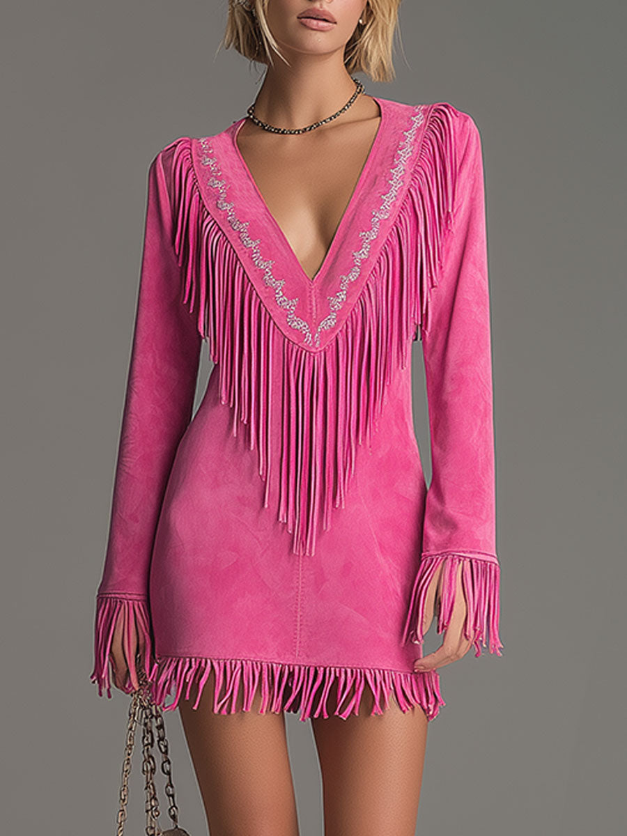 Western-style Retro Embroidered Tassel Pink Faux Suede Mini Dress