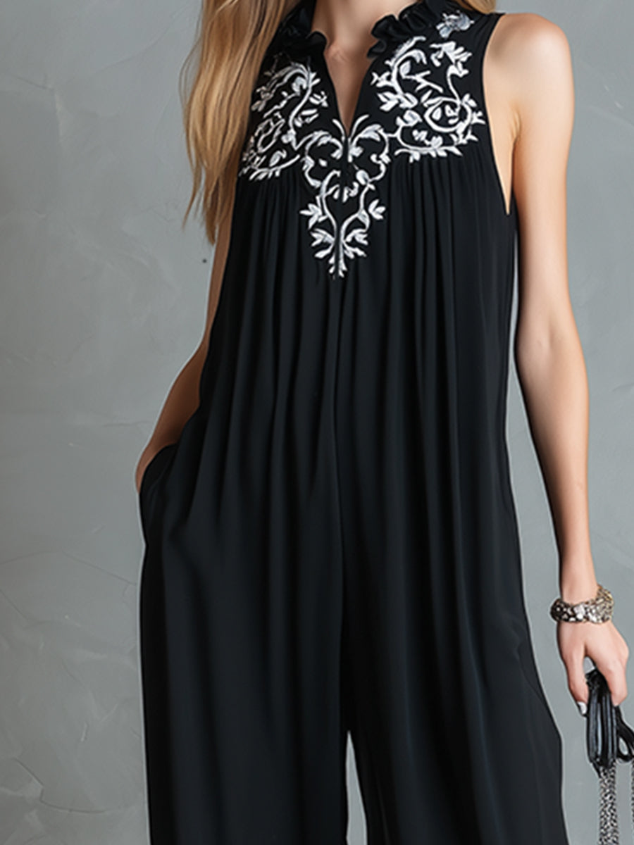 Elegant Embroidered Front-zip Black Chiffon Loose Sleeveless Jumpsuit