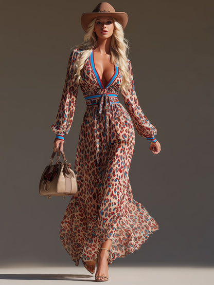 V-neck Color-blocked Leopard Print Chiffon Long-sleeved Maxi Dress