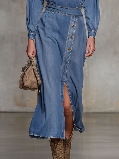 Retro V-neck Button-down Side-slit Denim Midi Dress