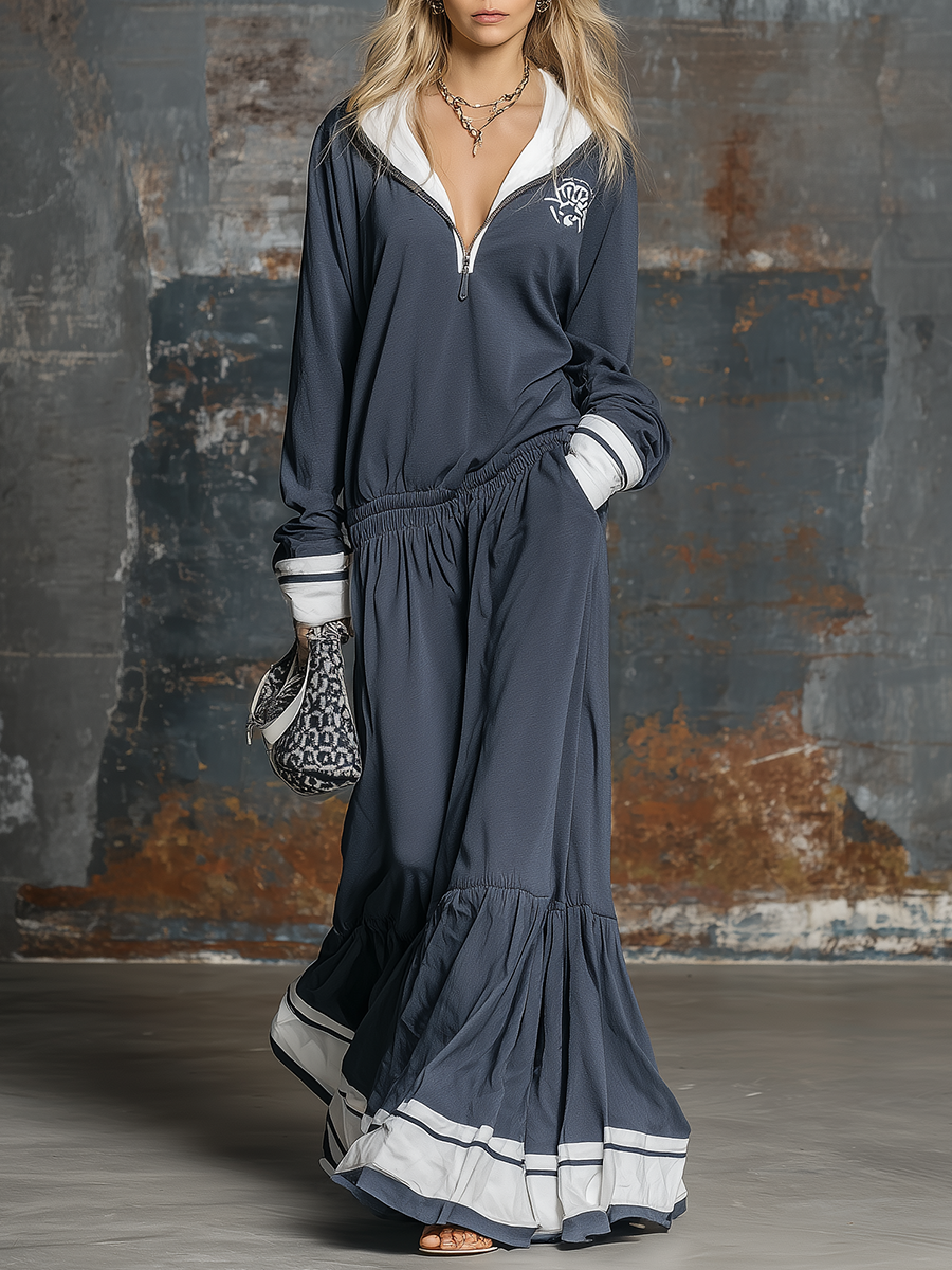 Retro Sporty Color-blocked Maxi Dress