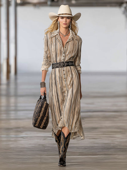 Vintage Western-style Rhinestone-embellished Beige Striped Cotton And Linen Midi Dress