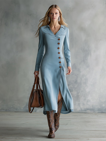 Retro Light Blue Denim Slanted Button V-neck Maxi Dress