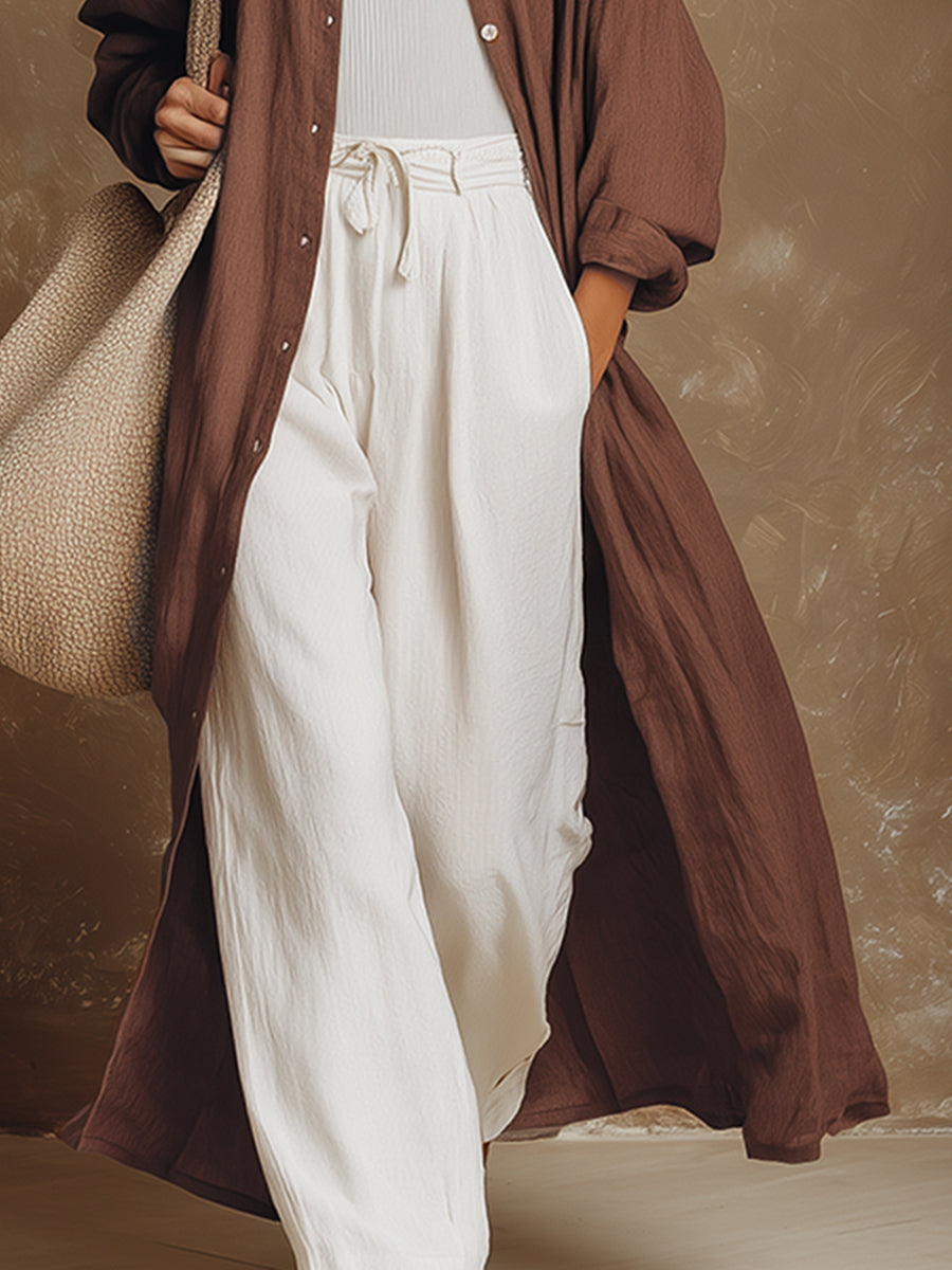 Stylish And Casual Brown Cotton And Linen Shirt-style Long Cardigan