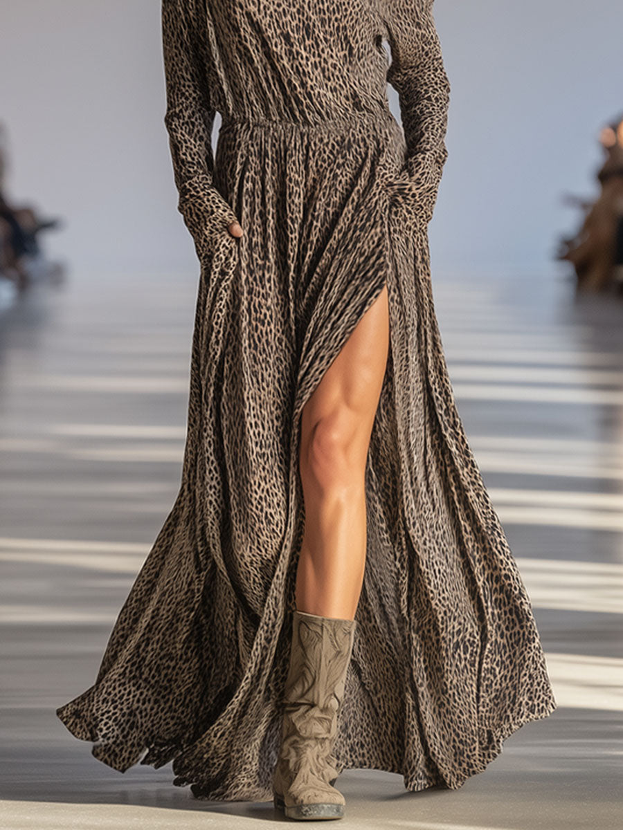 Leopard Print Off-the-shoulder Long-sleeved Double-pocket Chiffon Maxi Dress