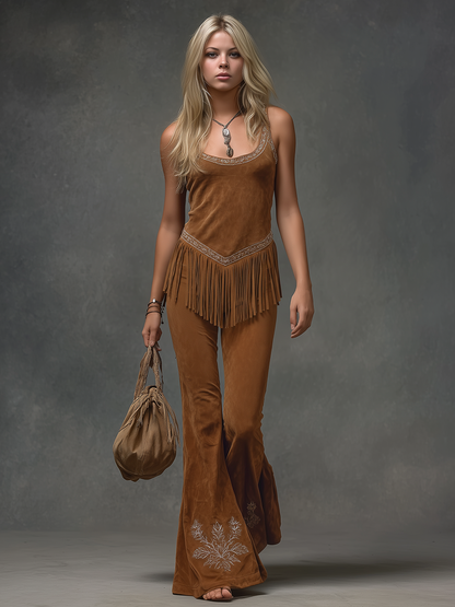 Retro-style Square-neck Embroidered Sleeveless Top And Flared Trousers Set