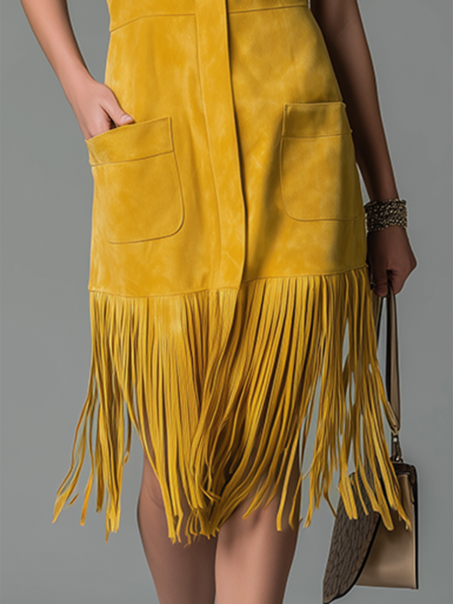 Fashionable Retro Lapel Zipper Closure Faux Suede Midi Dress