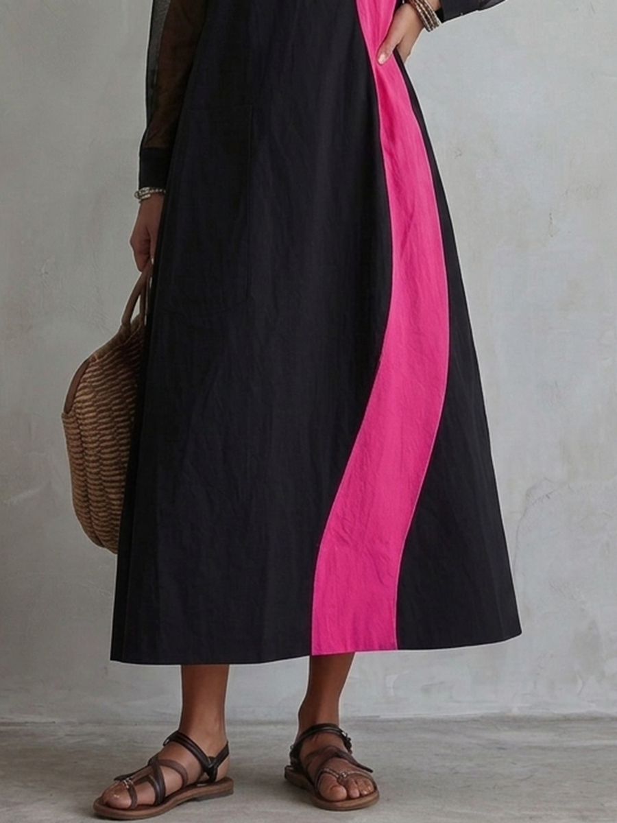 Retro-casual Elegant Western-style Color-block Maxi Dress In A Cotton Blend