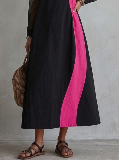 Retro-casual Elegant Western-style Color-block Maxi Dress In A Cotton Blend