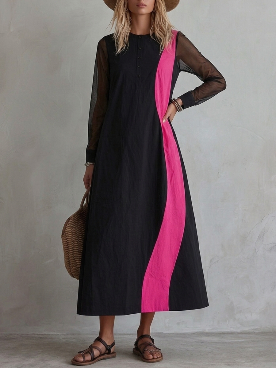 Retro-casual Elegant Western-style Color-block Maxi Dress In A Cotton Blend
