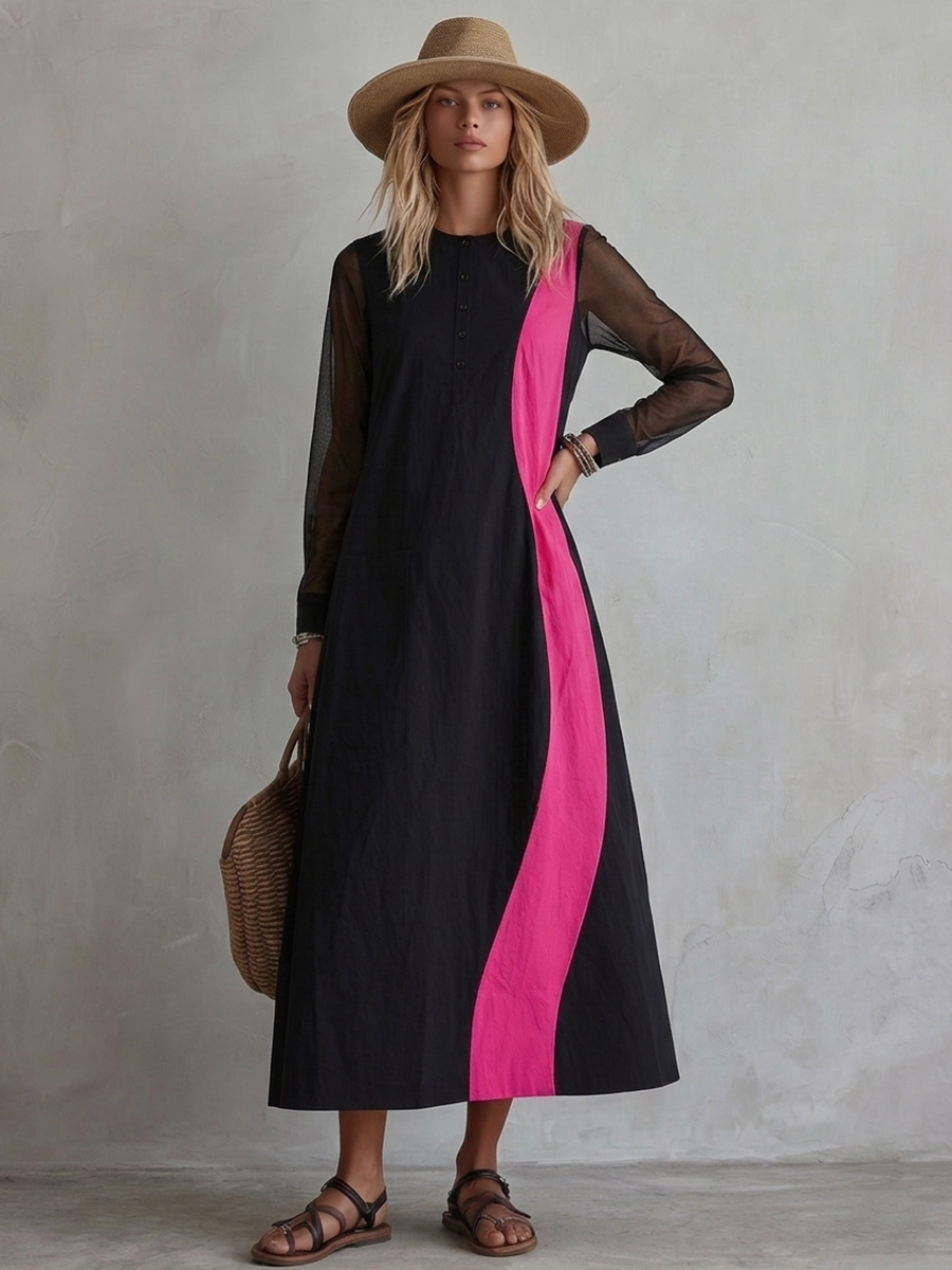 Retro-casual Elegant Western-style Color-block Maxi Dress In A Cotton Blend