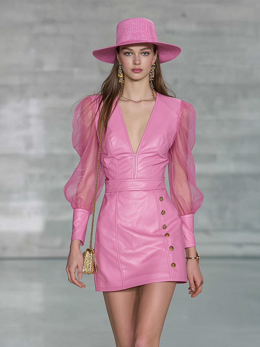 Elegant V-neck Lantern Sleeve Faux Leather Mini Dress