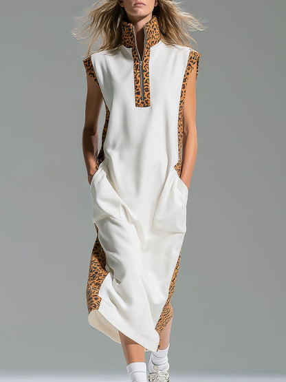 Stand Collar Leopard Print Patchwork Double Pocket Sleeveless Midi Dress