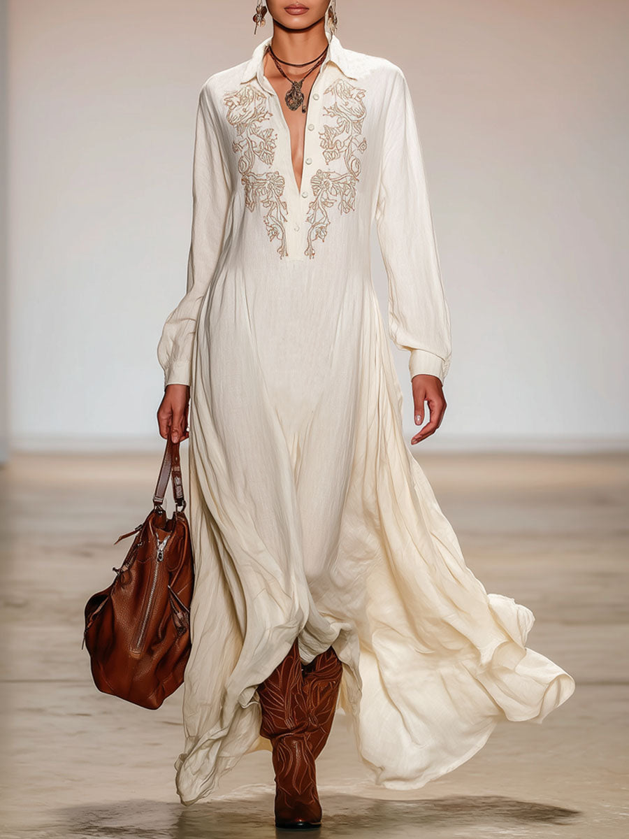 Lapel Half-open Button Cotton Linen Embroidered Long-sleeved Maxi Dress