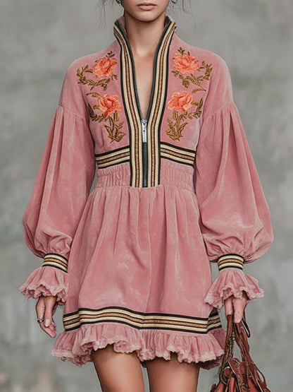 Western-style Floral Embroidered Stand-collar Zippered Ruffle Faux Suede Mini Dress