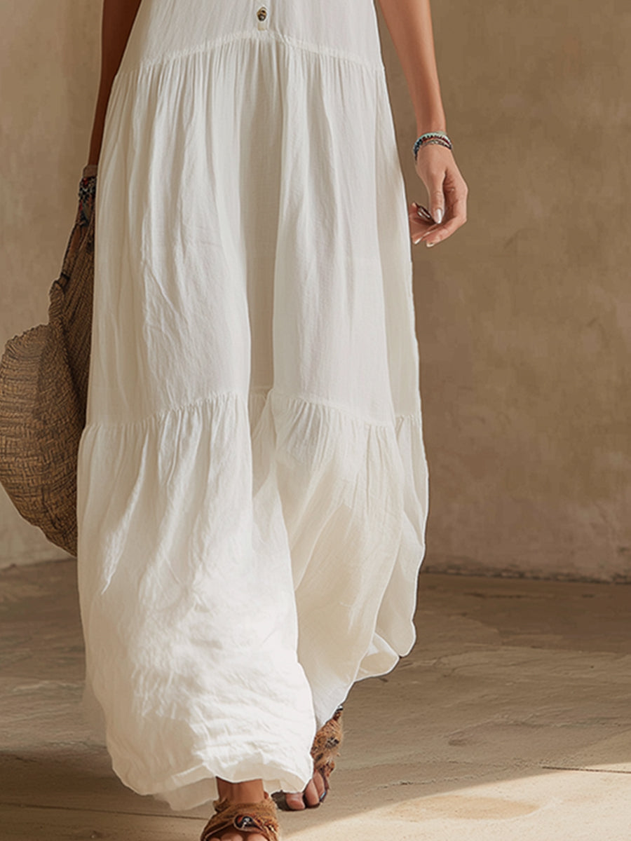 Elegant And Casual Contrasting Color Long-sleeved White Cotton And Linen Sleeveless Maxi Dress