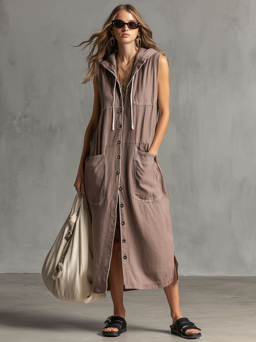 Casual Retro Mauve Cotton Linen Sleeveless Hooded Midi Dress