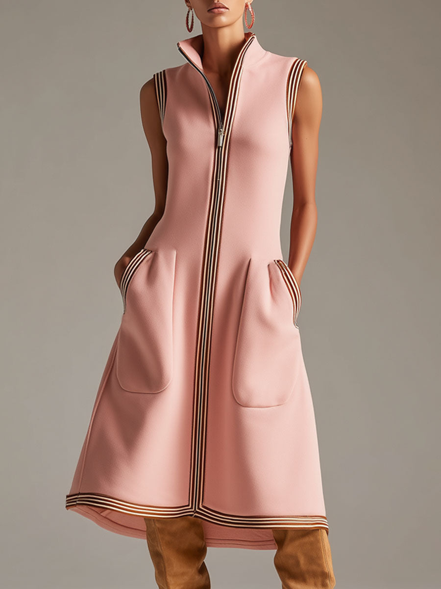 Sporty Retro Striped Ribbed Pink Cotton Blend Sleeveless Midi Dress