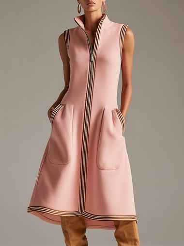 Sporty Retro Striped Ribbed Pink Cotton Blend Sleeveless Midi Dress