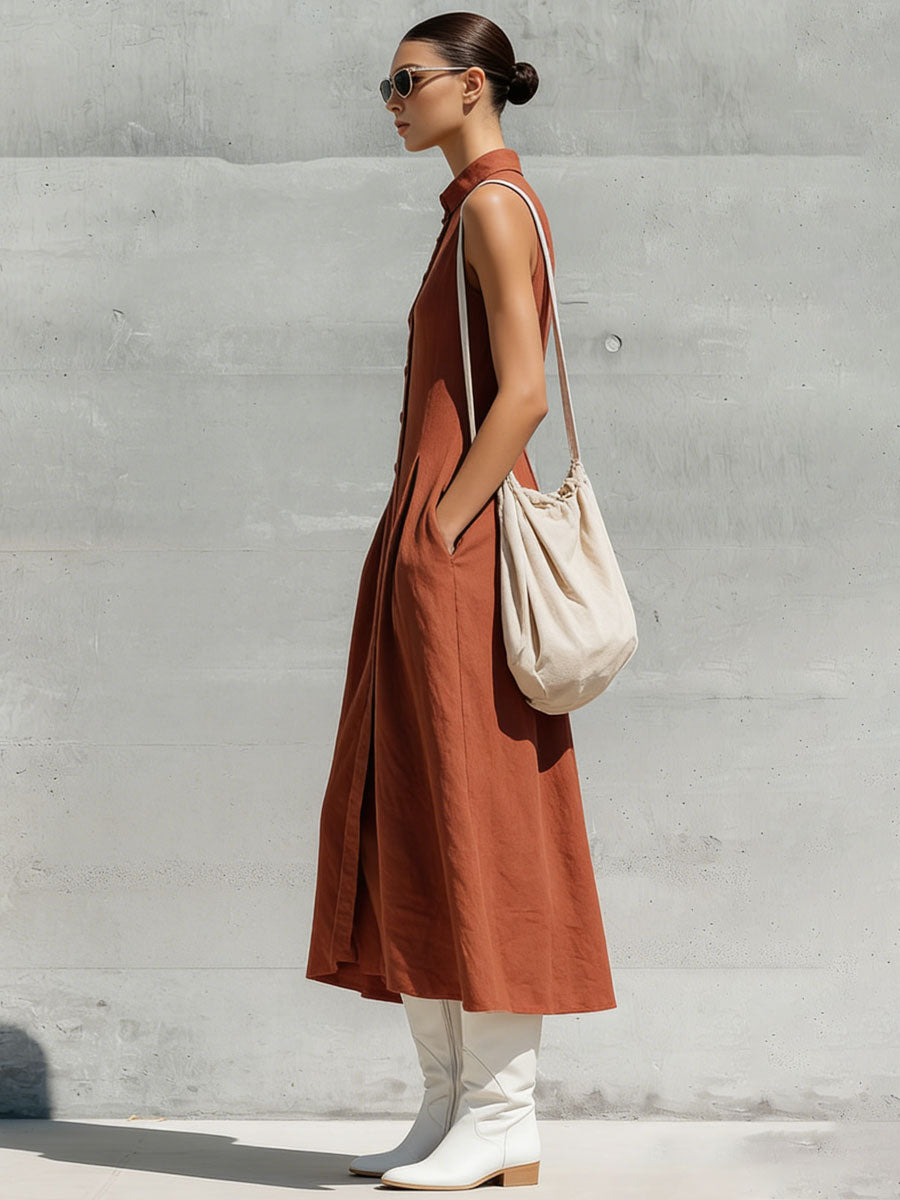 Casual Retro Brick Red Linen Sleeveless Cardigan Midi Dress