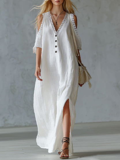 V-neck Lace-trimmed Off-the-shoulder Cotton And Linen Short-sleeved Maxi Dress