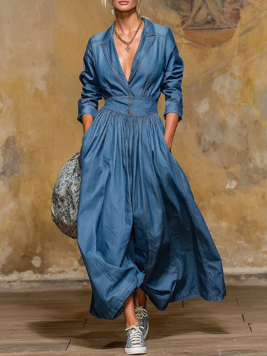 Retro Style Lapel Collar Double Pocket Button-up Long-sleeved Maxi Dress