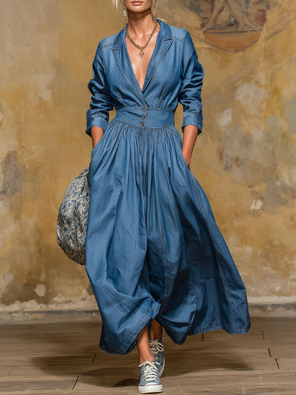 Retro Style Lapel Collar Double Pocket Button-up Long-sleeved Maxi Dress