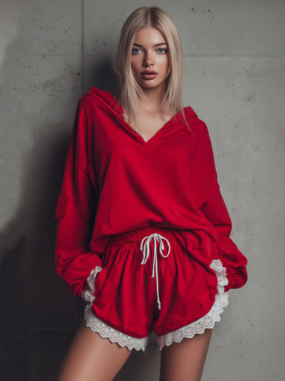 Lace-trimmed Loose-fitting Hooded Sweatshirt And Shorts Tracksuit Set