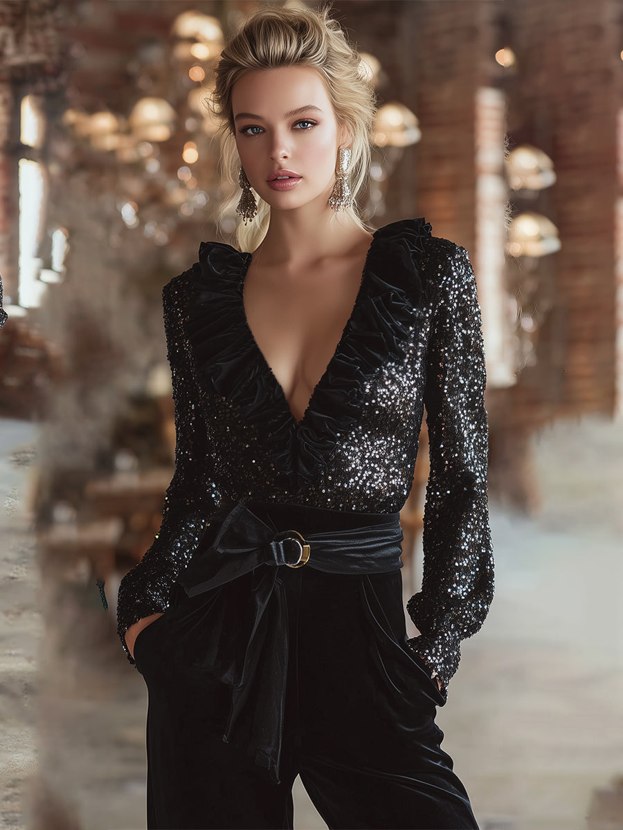 Elegant Party Black Sequined V-neck Ruffle Collar Shirt