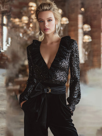 Elegant Party Black Sequined V-neck Ruffle Collar Shirt