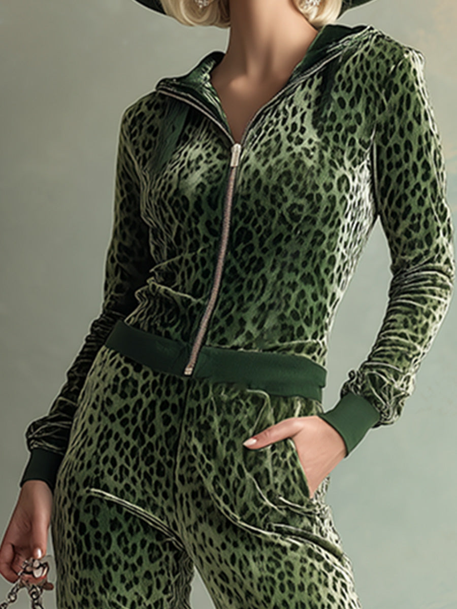 Retro Elegant Green Leopard Print Hooded Velvet Jumpsuit