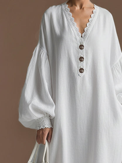Elegant Urban Silhouette Lace Trim White Cotton And Linen Long-sleeved Maxi Dress