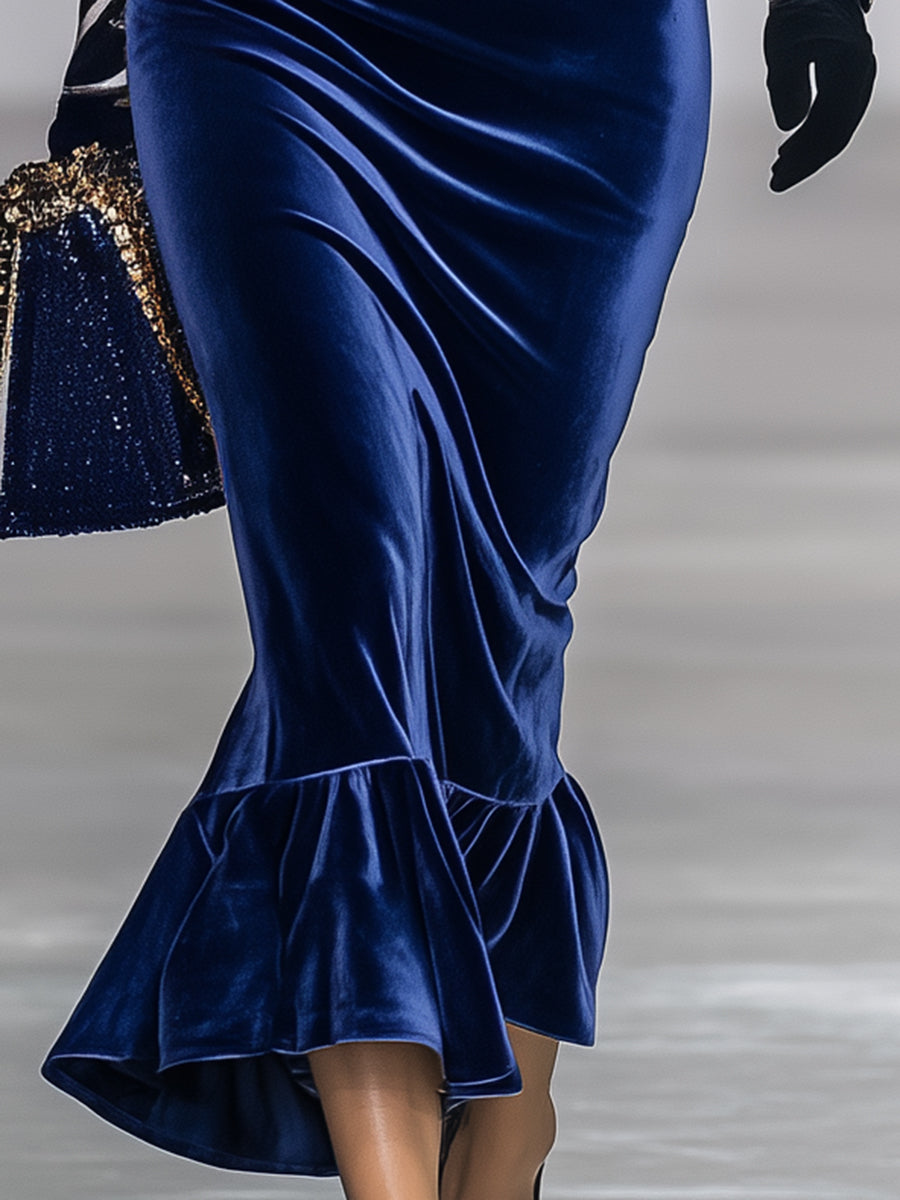 Elegant Sapphire Blue Velvet Patchwork Zebra Print Midi Dress