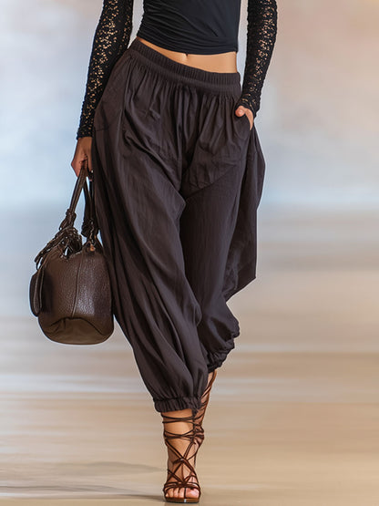 High-neck Lace-trimmed Cotton Long-sleeved T-shirt And Loose Wide-leg Pants Set