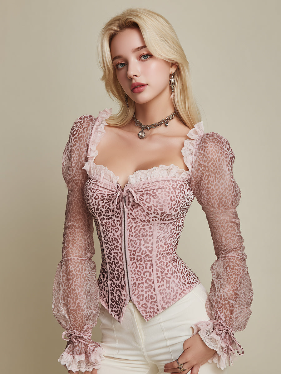 Casual Retro Lace Trim Pink Leopard Print Chiffon Shirt