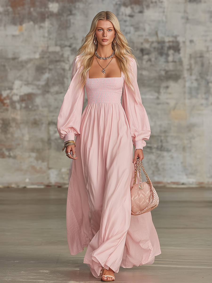 Bohemian-style Elegant Square-neck Lantern Sleeve Chiffon Maxi Dress