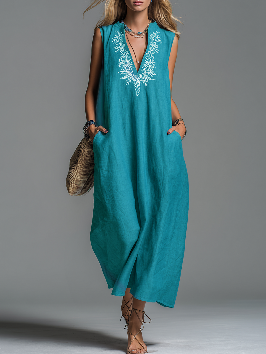 Comfortable And Casual V-neck Embroidered Sleeveless Maxi Dress