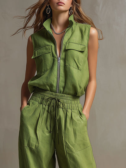 Casual Retro Green Cotton Linen Sleeveless Zip-up Shirt And Wide-leg Pants Set
