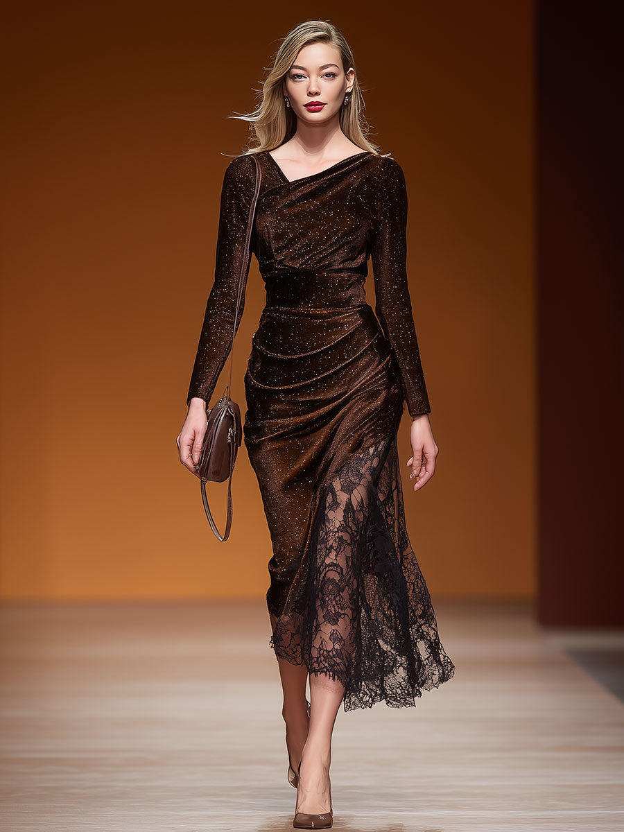 Stylish And Elegant Lace-trimmed Brown Shimmering Velvet Midi Dress