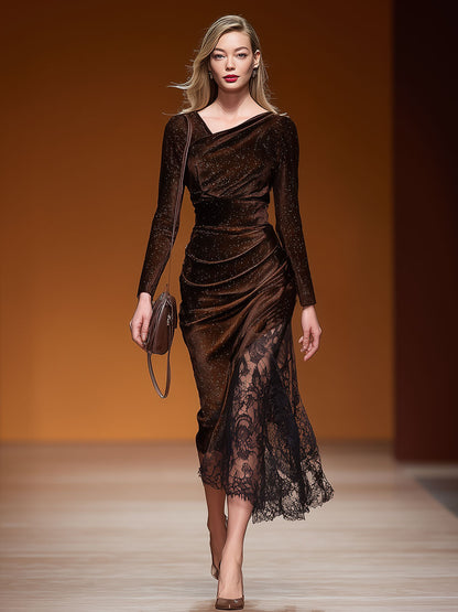 Stylish And Elegant Lace-trimmed Brown Shimmering Velvet Midi Dress