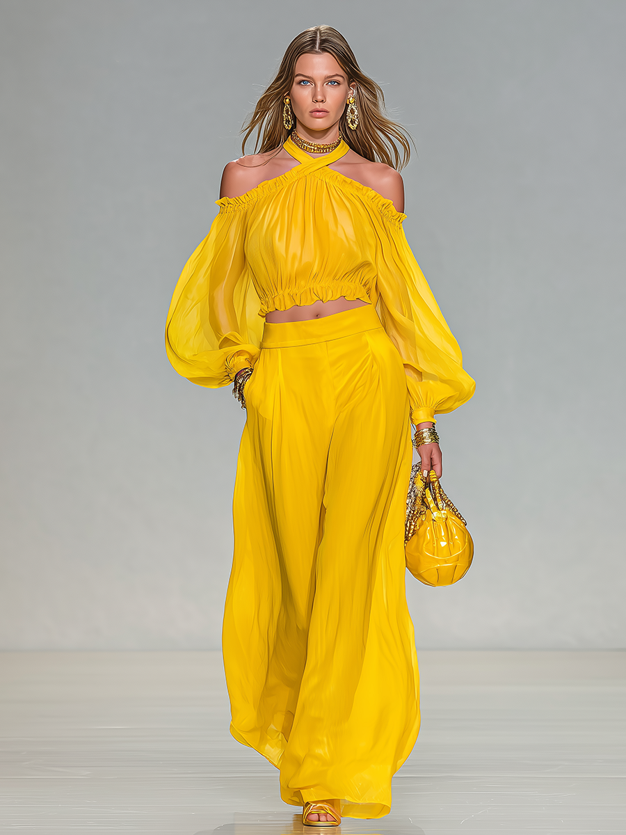 Elegant Urban Style Halter-neck Chiffon Top And Wide-leg Pants Set