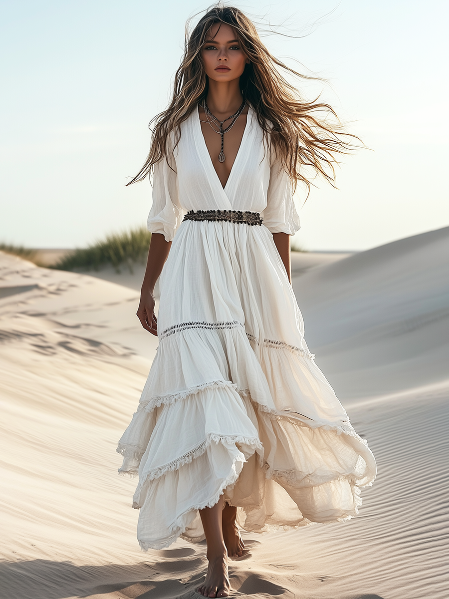 Boho V Neck Cotton And Linen Mid Sleeve Maxi Dress