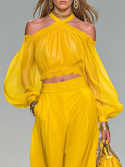 Elegant Urban Style Halter-neck Chiffon Top And Wide-leg Pants Set