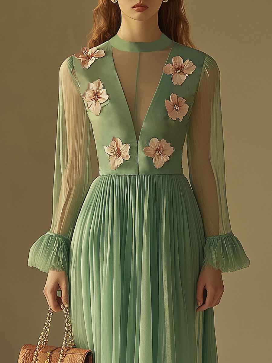 Elegant and Casual Saga Green See-through V-neck Chiffon Three-dimensional Flower Midi Dress