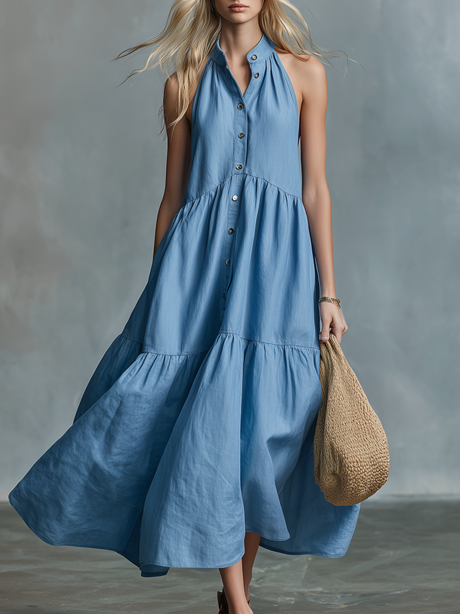 Comfortable And Relaxed Sleeveless Stand-up Collar Button-down Maxi Dress