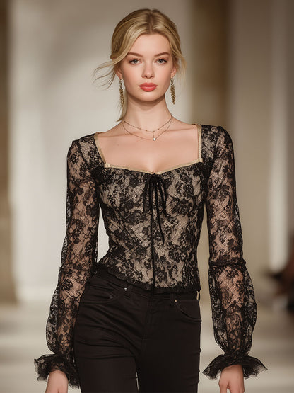 Stylish And Sexy Black Lace Square-neck Blouse