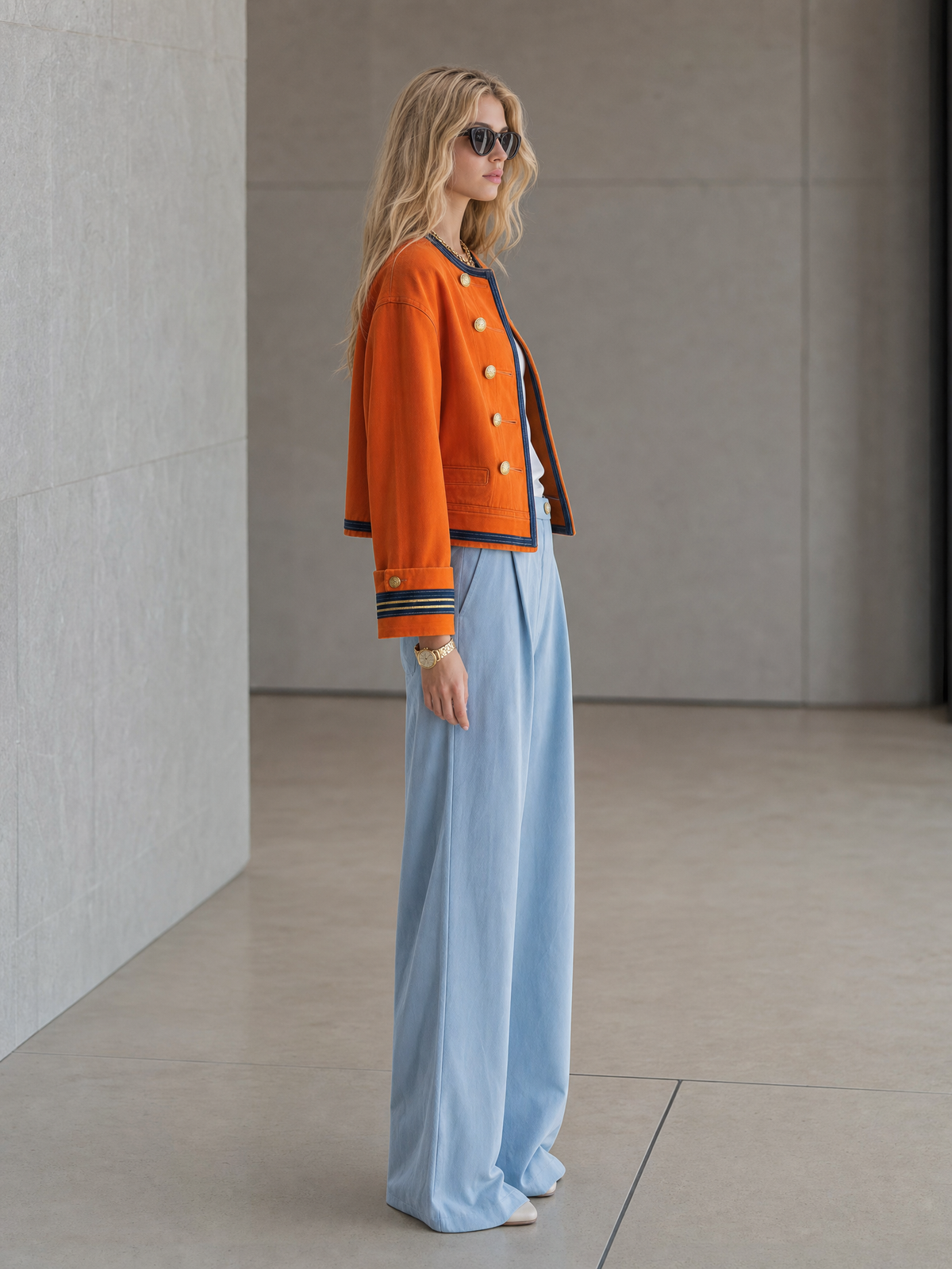 womens-orange-military-jacket-double-breasted-gold-button-oversized-band-coat - Oyrosy