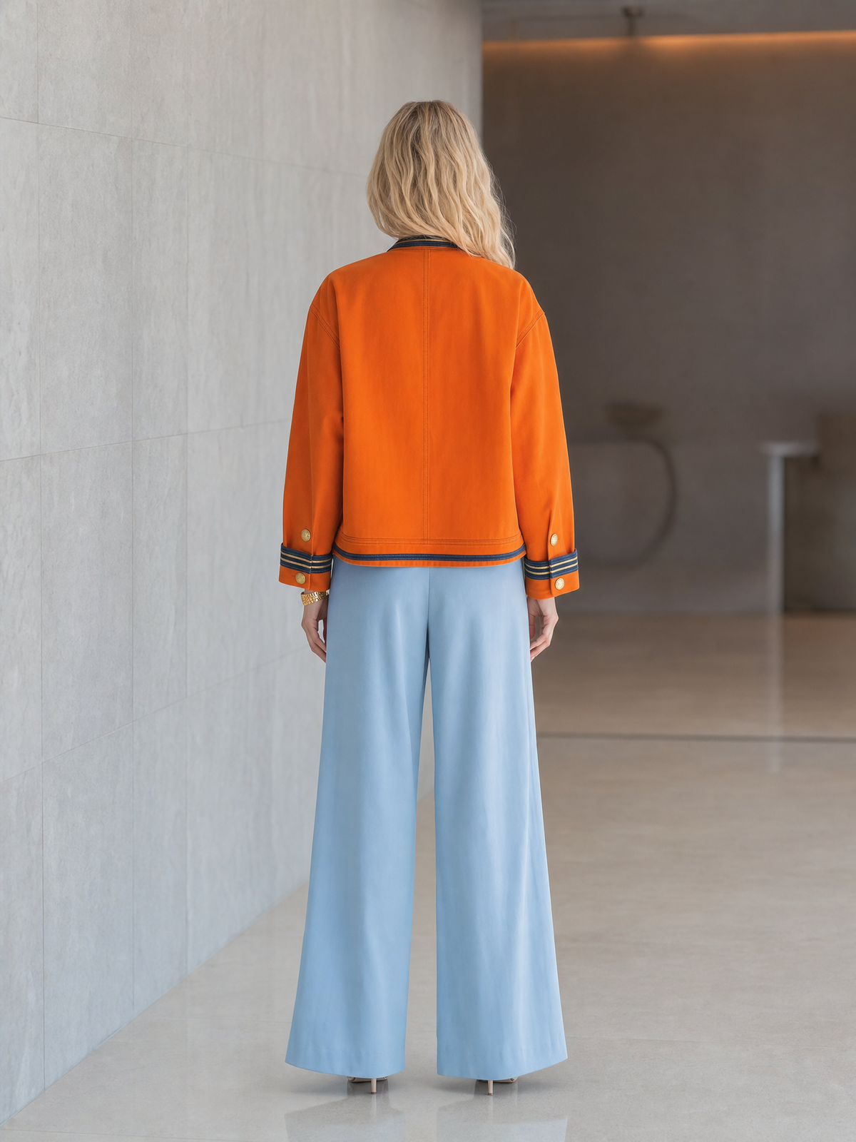 womens-orange-military-jacket-double-breasted-gold-button-oversized-band-coat - Oyrosy