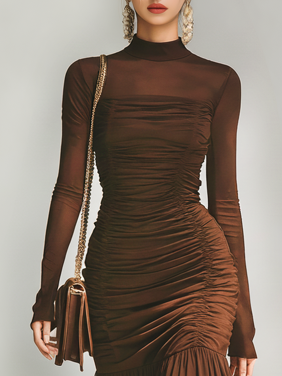 Stylish And Sexy Stand-up Collar Pleated Maxi Dress