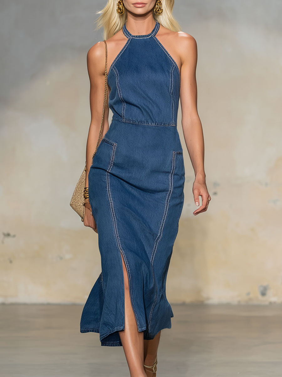 Halter Neck Round Neck Sleeveless Split Hem Denim Midi Dress